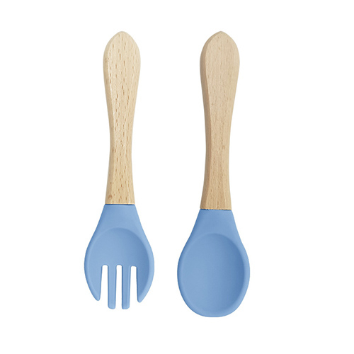  Silicone Wooden Handle Baby Spoon And Fork Set - Cool Blue