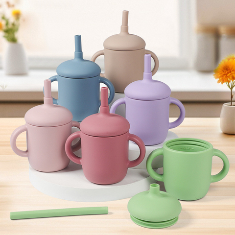 2 in 1 Silicone Baby Sippy Cup Or Training Cup with Silicone Lid Silicone Straw And Replacement Straw