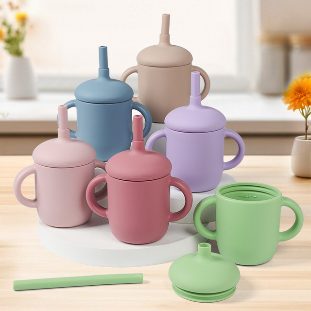 2 in 1 Silicone Baby Sippy Cup Or Training Cup with Silicone Lid Silicone Straw And Replacement Straw