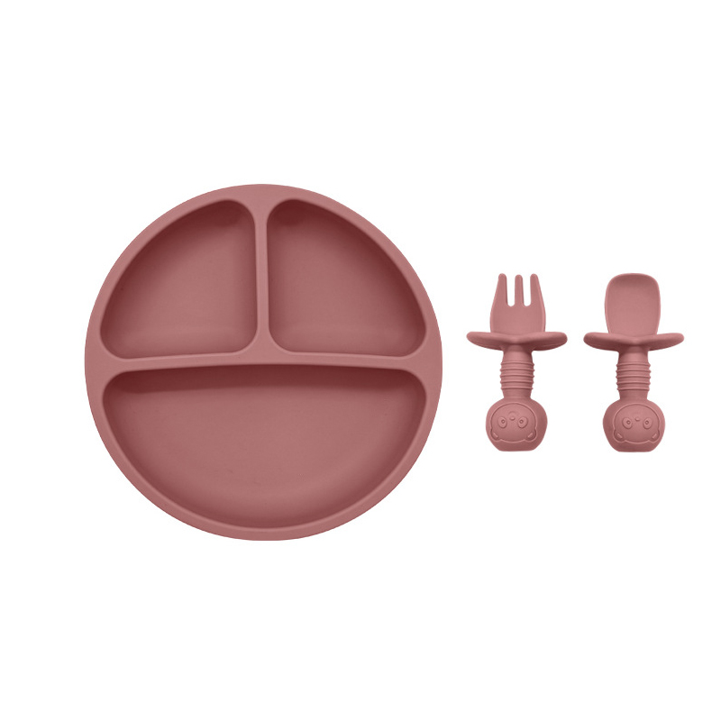 3 Pack Round Divided Smile Face Plate Set Baby Food Silicone Plate with Short Handle Bear Head Training Fork And Spoon