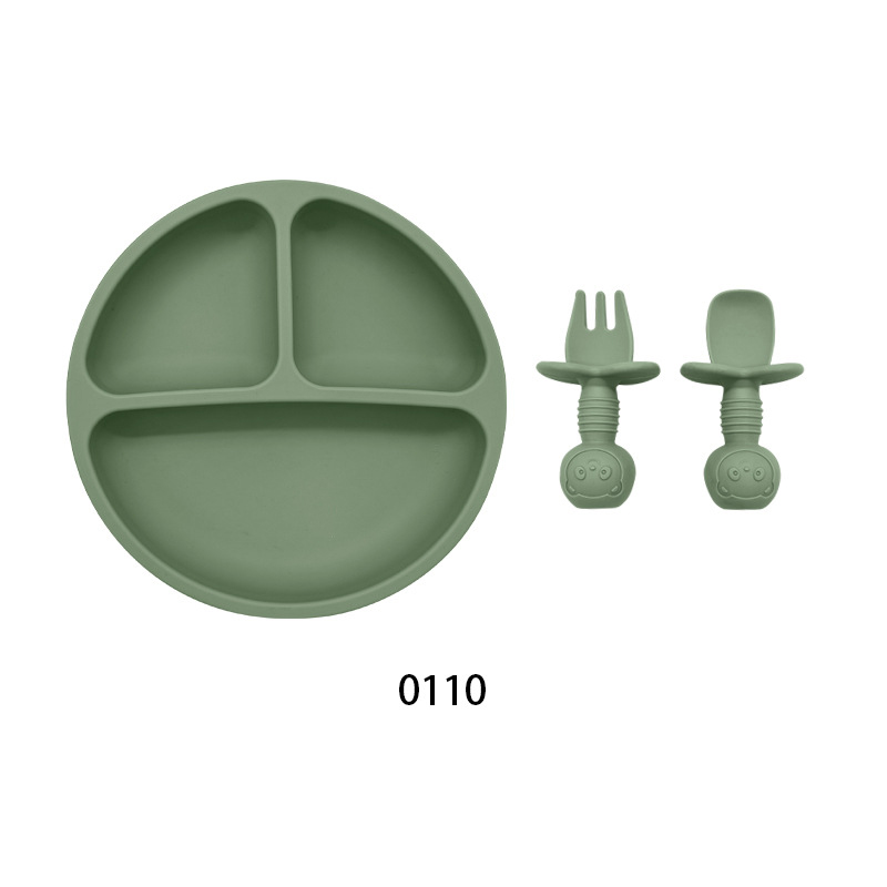 3 Pack Round Divided Smile Face Plate Set Baby Food Silicone Plate with Short Handle Bear Head Training Fork And Spoon