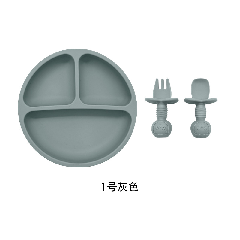3 Pack Round Divided Smile Face Plate Set Baby Food Silicone Plate with Short Handle Bear Head Training Fork And Spoon
